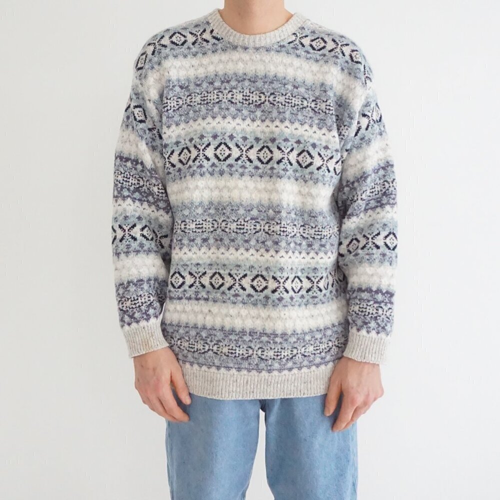 Great Lakes Country Heathered Fair Isle Knit Sweater Nordic Cabin Winter Large